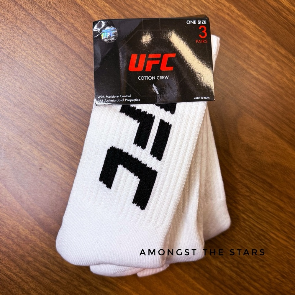 3 Pairs UFC White & Black Men’s Cotton Crew Socks, One Size